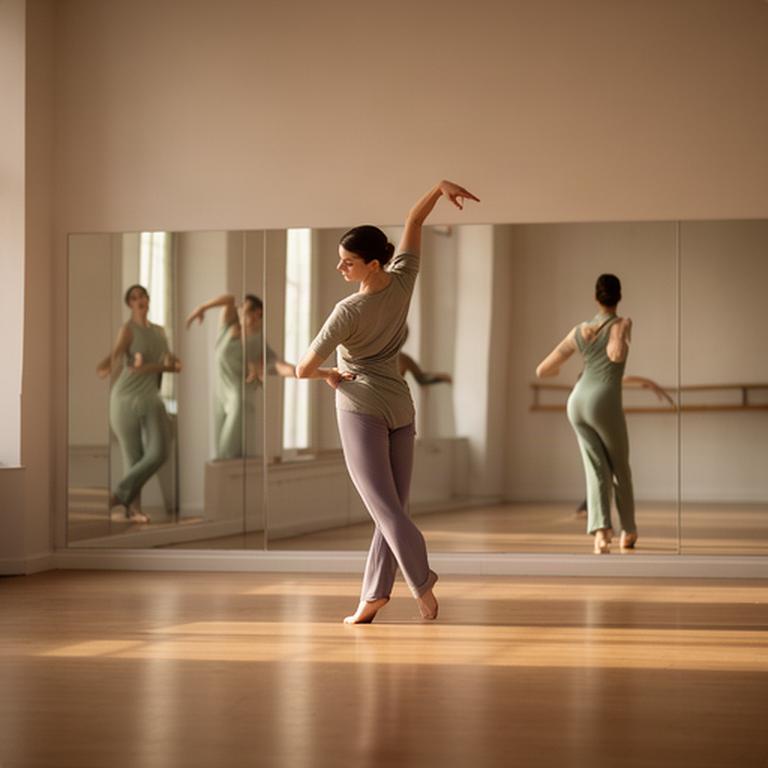 Reflejo de una bailarina frente a los espejos de la sala con luz de la mañana