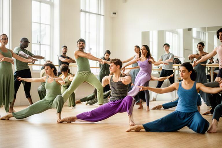 Grupo de estudiantes practicando técnica contemporánea en un estudio de danza