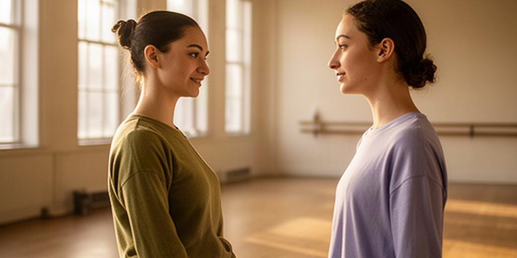 Alumnas conversando después de un ensayo de danza contemporánea en una sala amplia