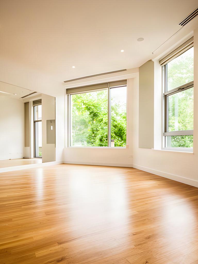 Interior del estudio de danza con suelo de madera, ventanales amplios y luz natural